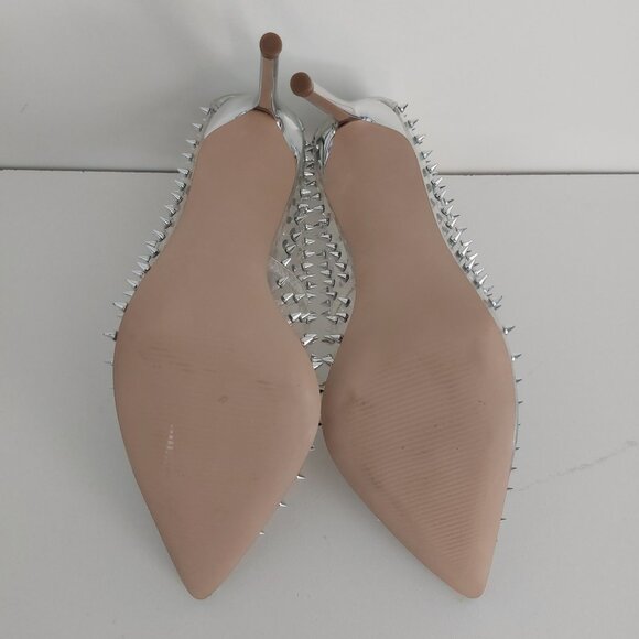 Steve Madden Pumps Silver Spiky Studs 8 Clear Pointy Toe Rock Glam VALA EUC - Picture 8 of 12